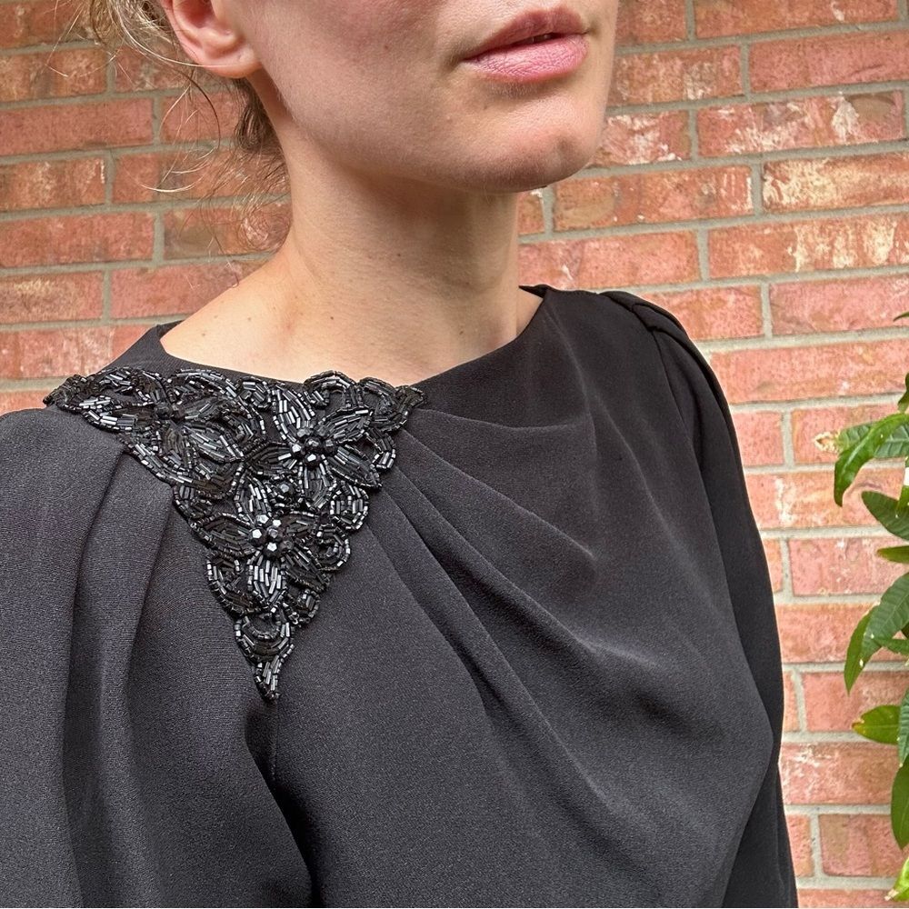 VTG 80s 90s Black Cocktail Dress Beaded Draped Harry Acton For After Five Sz 6 - Picture 4 of 16